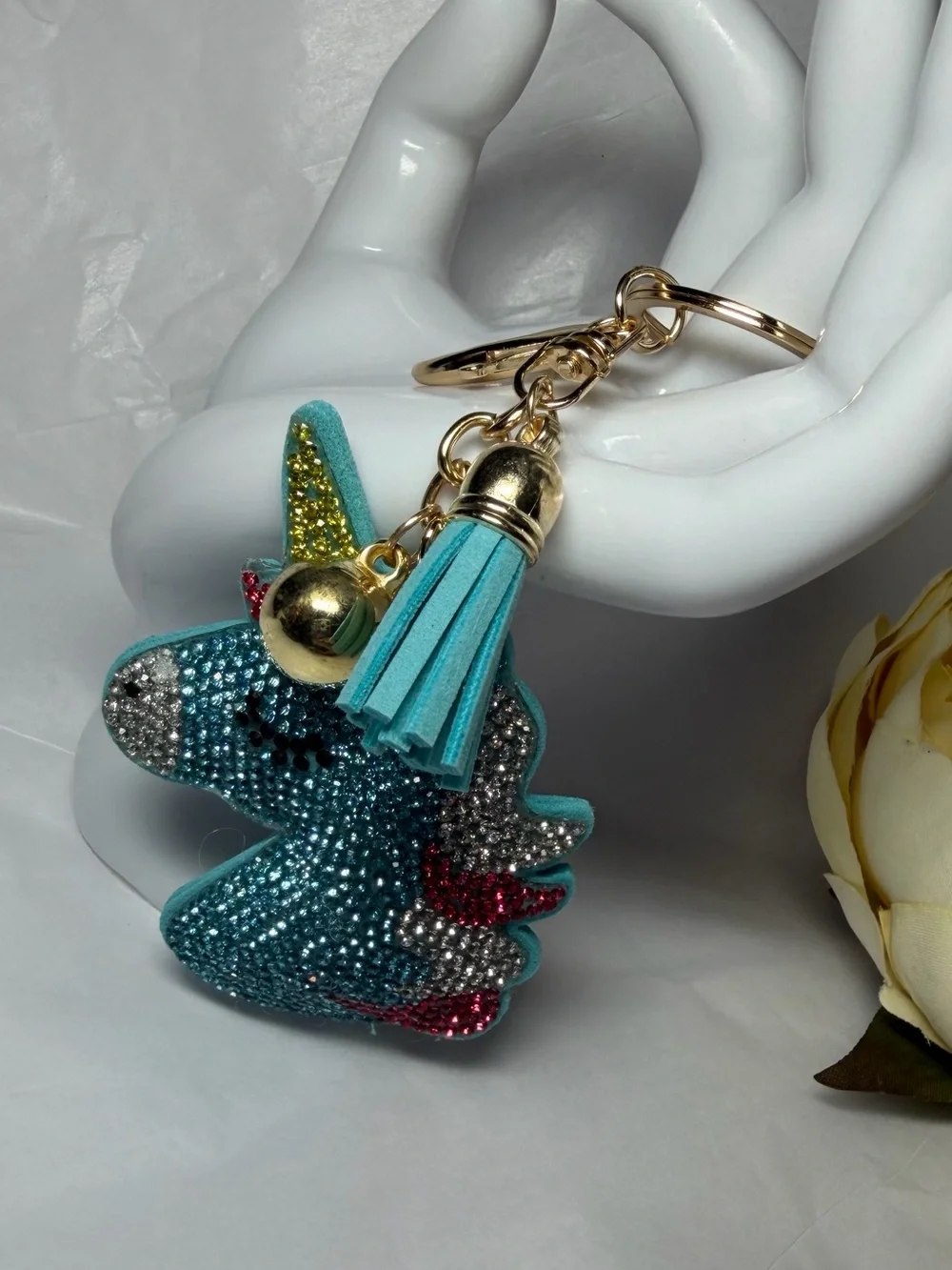 Turquoise Crystal Unicorn Keychain with Tassel
